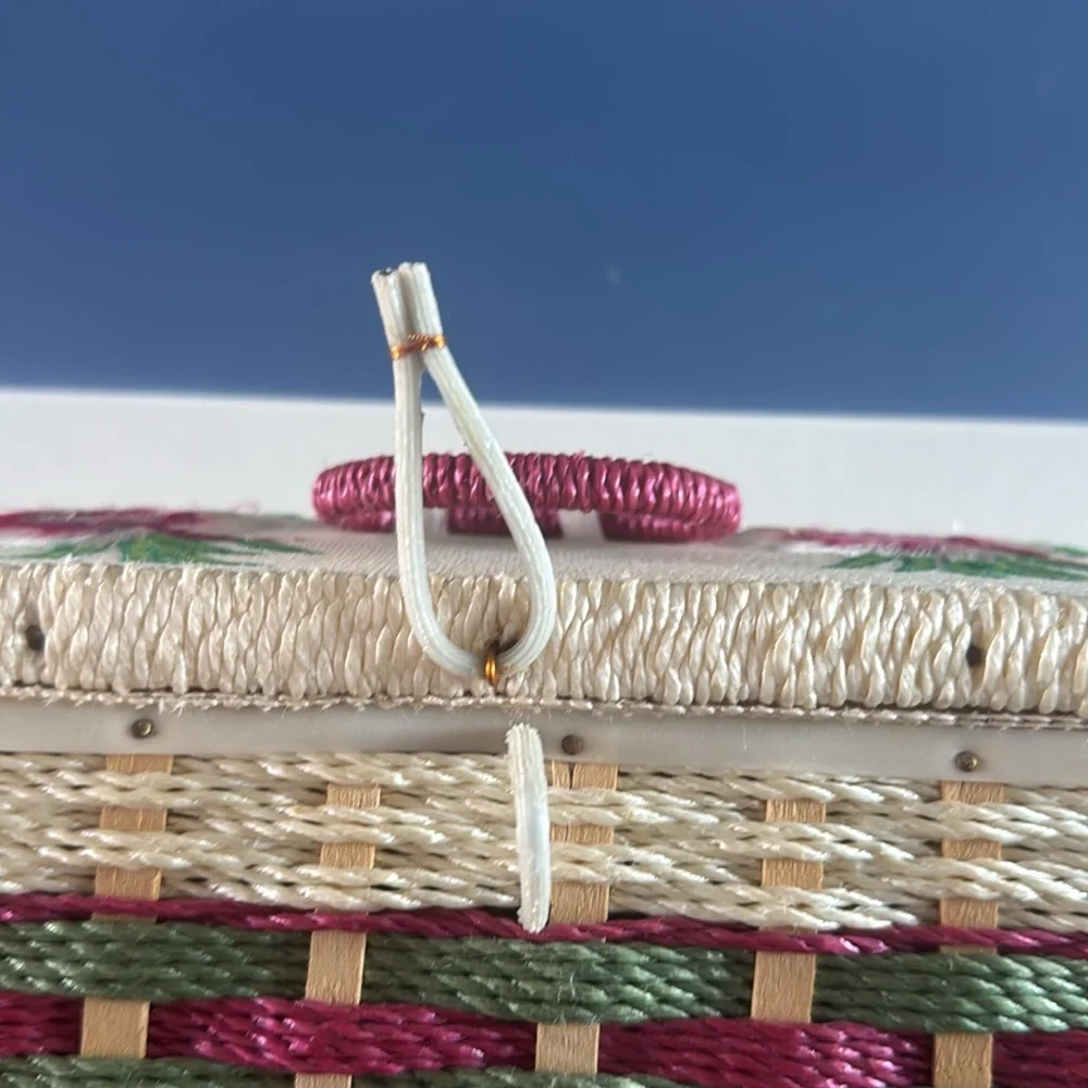 Vintage Wicker Sewing Box pink floral embroidered Lid with Built-in Pin Cushion